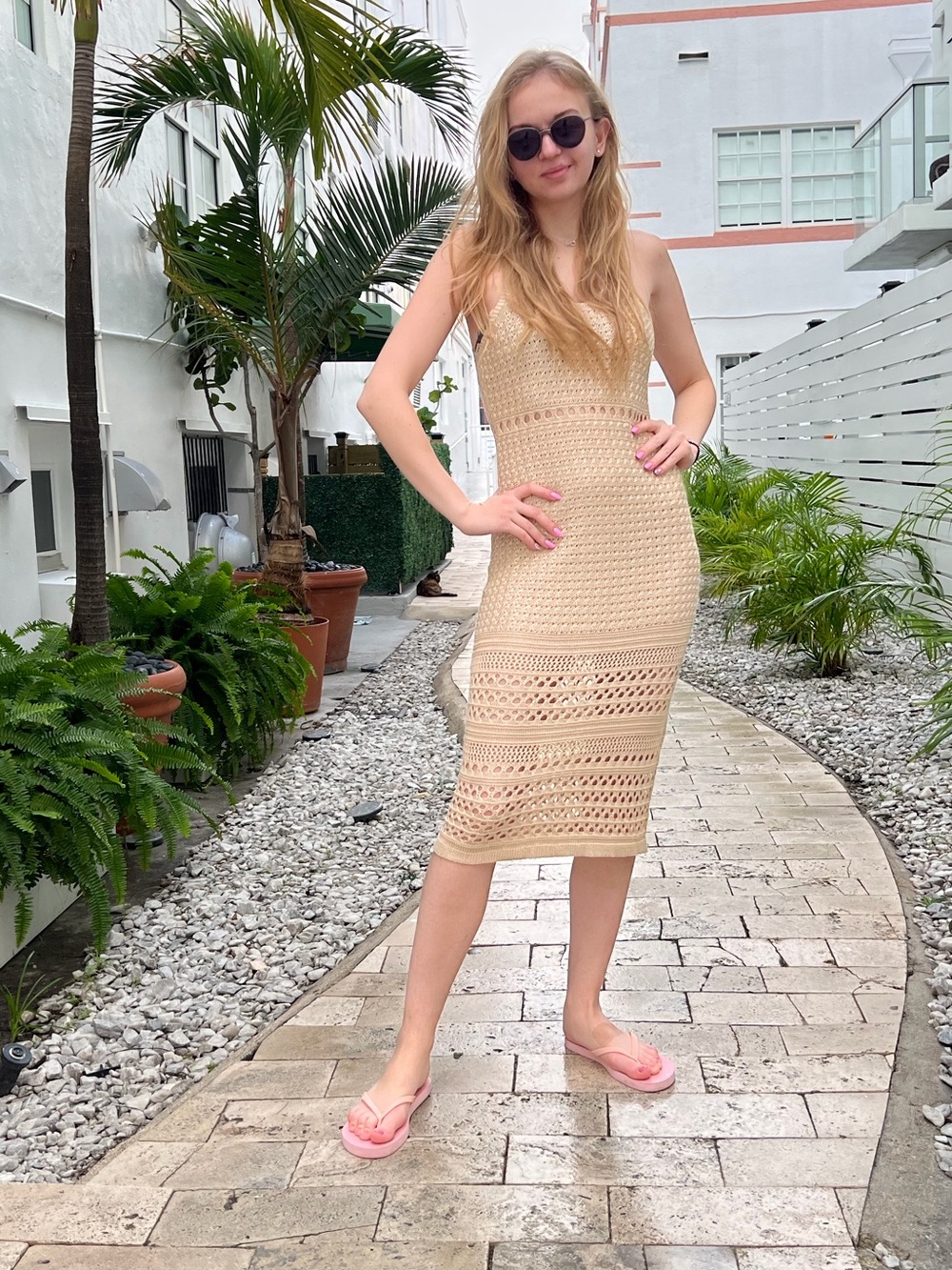 Beige Knit Midi Dress with Crochet Details Beach Wear - Picture 4 of 5
